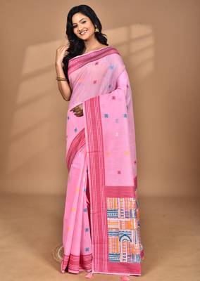 pink chanderi silk blend saree with blouse piece 1