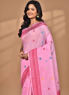pink chanderi silk blend saree with blouse piece 2