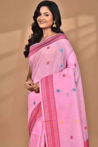 pink chanderi silk blend saree with blouse piece