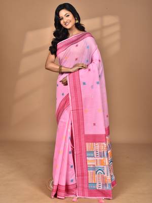pink chanderi silk blend saree with blouse piece 3