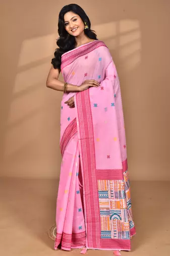 pink chanderi silk blend saree with blouse piece