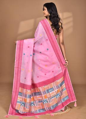 pink chanderi silk blend saree with blouse piece 4