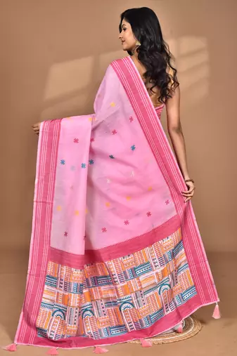 pink chanderi silk blend saree with blouse piece