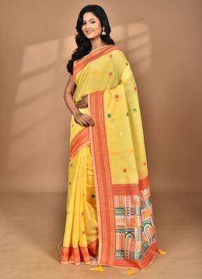yellow chanderi silk blend saree with blouse piece 2