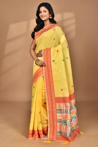 yellow chanderi silk blend saree with blouse piece