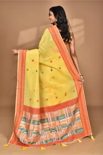 yellow chanderi silk blend saree with blouse piece