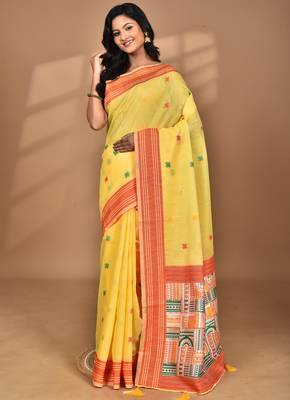yellow chanderi silk blend saree with blouse piece 4