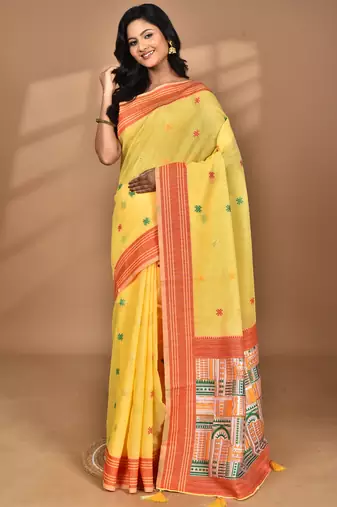yellow chanderi silk blend saree with blouse piece