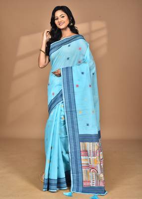 blue chanderi silk blend saree with blouse piece 1