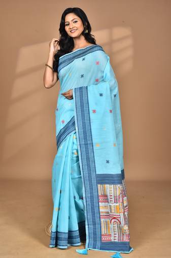blue chanderi silk blend saree with blouse piece