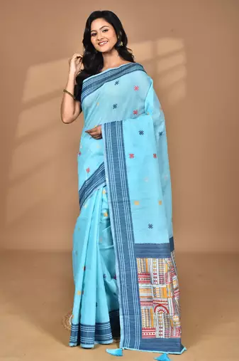 blue chanderi silk blend saree with blouse piece