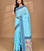blue chanderi silk blend saree with blouse piece