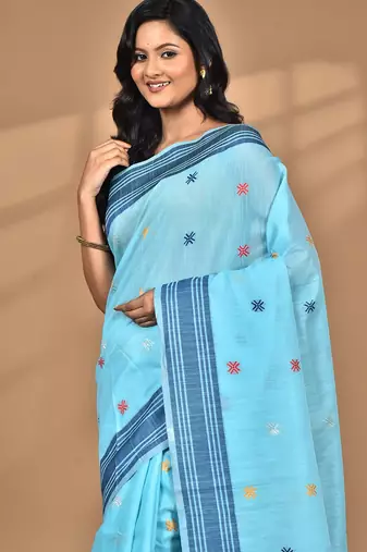 blue chanderi silk blend saree with blouse piece