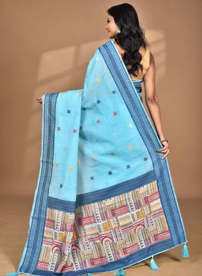 blue chanderi silk blend saree with blouse piece 3