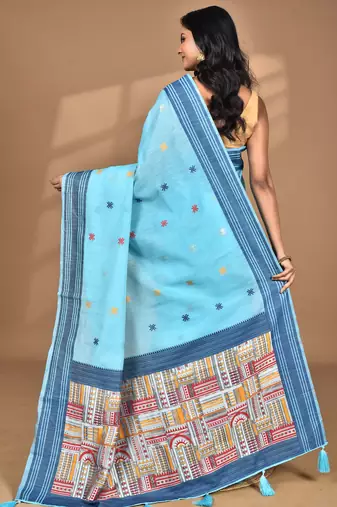 blue chanderi silk blend saree with blouse piece