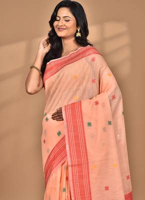 peach chanderi silk blend saree with blouse piece 1