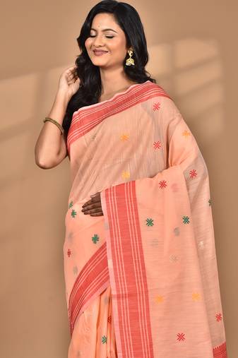 peach chanderi silk blend saree with blouse piece