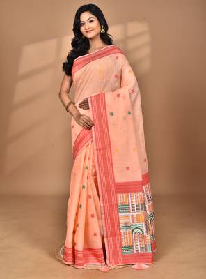 peach chanderi silk blend saree with blouse piece 2