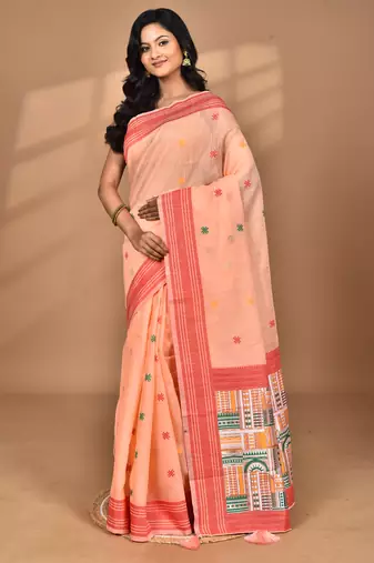 peach chanderi silk blend saree with blouse piece