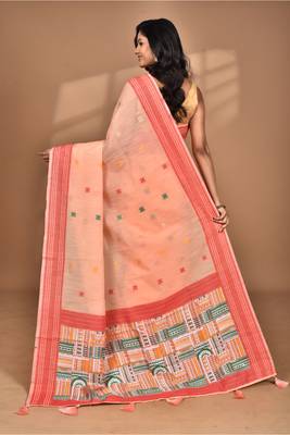 peach chanderi silk blend saree with blouse piece 4