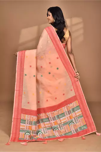 peach chanderi silk blend saree with blouse piece