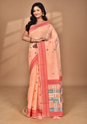 peach chanderi silk blend saree with blouse piece 5