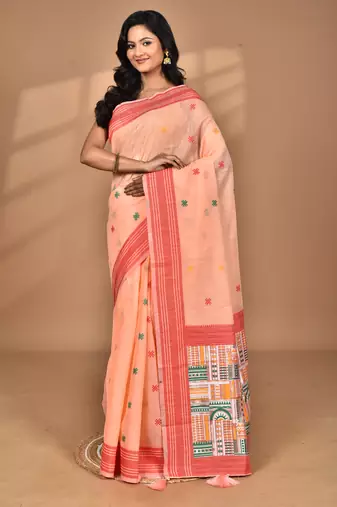 peach chanderi silk blend saree with blouse piece