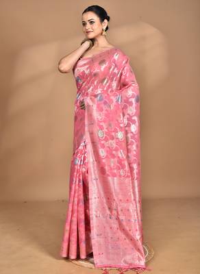 pink chanderi silk blend saree with blouse piece 1