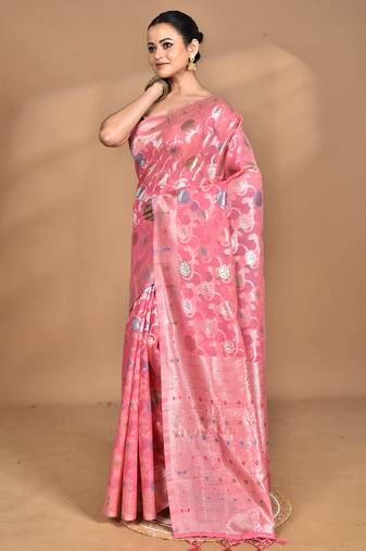 pink chanderi silk blend saree with blouse piece