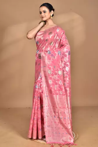 pink chanderi silk blend saree with blouse piece
