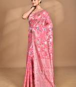 pink chanderi silk blend saree with blouse piece