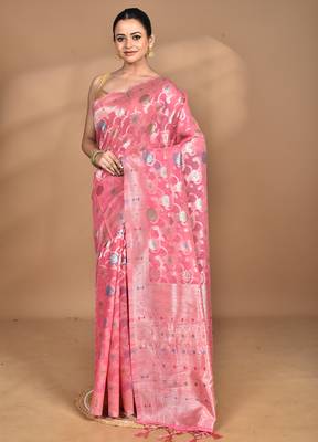 pink chanderi silk blend saree with blouse piece 2