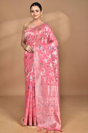pink chanderi silk blend saree with blouse piece