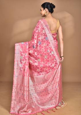 pink chanderi silk blend saree with blouse piece 4