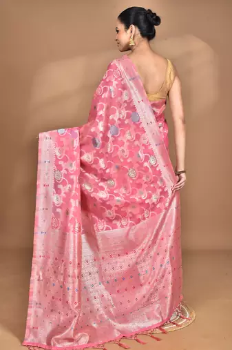 pink chanderi silk blend saree with blouse piece