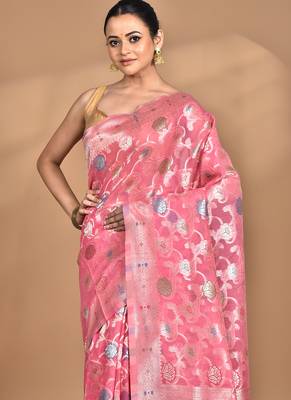 pink chanderi silk blend saree with blouse piece 5