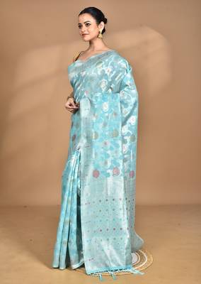 blue chanderi silk blend saree with blouse piece 1