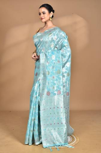 blue chanderi silk blend saree with blouse piece
