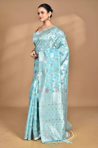 blue chanderi silk blend saree with blouse piece