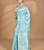 blue chanderi silk blend saree with blouse piece