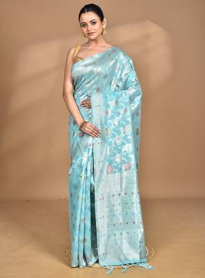 blue chanderi silk blend saree with blouse piece 2