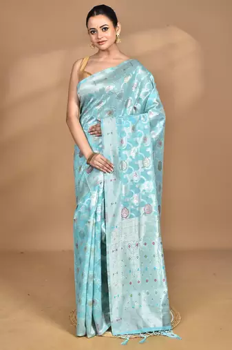 blue chanderi silk blend saree with blouse piece