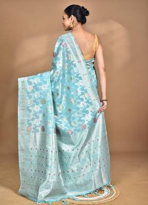 blue chanderi silk blend saree with blouse piece 4