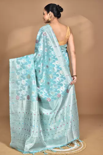 blue chanderi silk blend saree with blouse piece