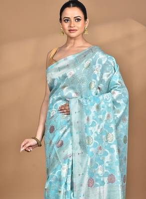 blue chanderi silk blend saree with blouse piece 5