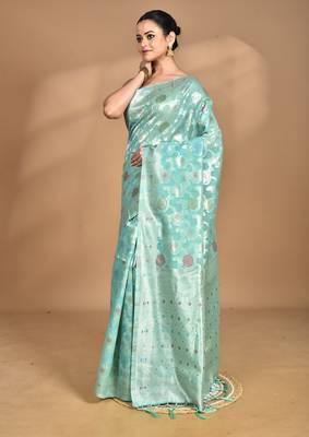 light green chanderi silk blend saree with blouse piece 1