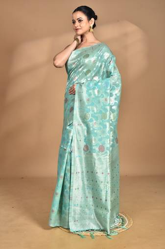 light green chanderi silk blend saree with blouse piece
