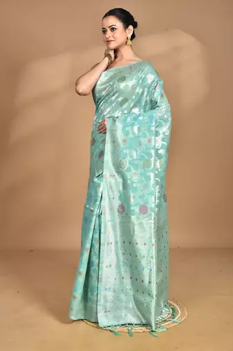 light green chanderi silk blend saree with blouse piece