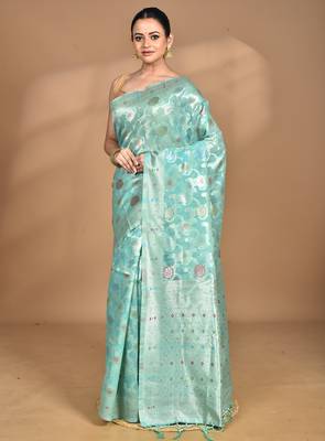 light green chanderi silk blend saree with blouse piece 2