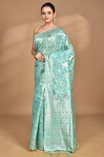 light green chanderi silk blend saree with blouse piece